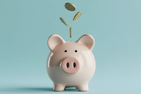 Piggy bank with fake coin falling in
