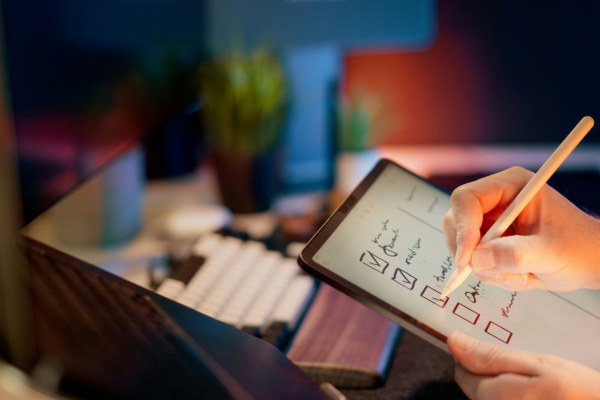 Person holding tablet and crossing items off a list